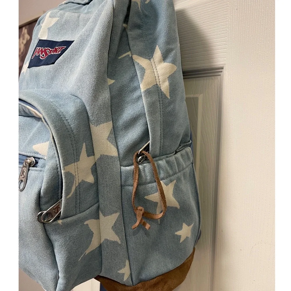 JanSport Right Pack Backpack Blue Denim Star Print Suede Bottom School Bag